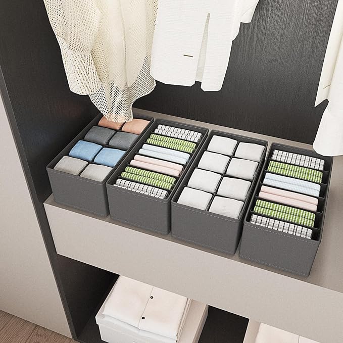 4 PACK Sock Underwear Drawer Organizer Dividers, Collapsible Cabinet Closet Storage Boxes for Clothes, Socks, Lingerie, Underwear, Tie, Belt,Bedroomedroom
