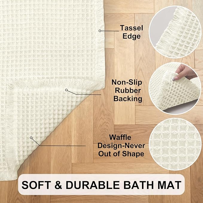 Hiasan Waffle Bath Mat, Super Absorbent Non Slip Bathroom Boho Rug with Tassels, Machine Washable Bath Mats for Bathroom, Ultra Soft Rubber Backed Rug, White, 16 x 24 Inches