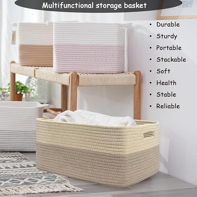 COMFY-HOMI 2 pcs Large Storage Baskets for Shelves, Laundry Basket, Woven Rope Basket, Closet Organizer Bins for Clothes Blanket Towels, Baby Nursery, Gift Toy Baskets, 17” x 13” x 7.5”-Beige Brown