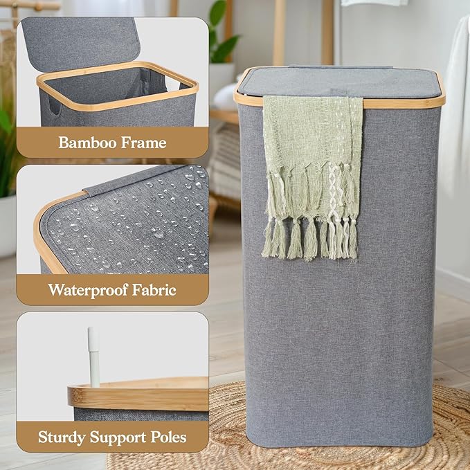 160L Foldable Laundry Baskest with Lid, 3 Section Extra-large Laundry Hamper with Removable Bags and Bamboo Handles for Bathroom, Bedroom & Laundry Room, Grey