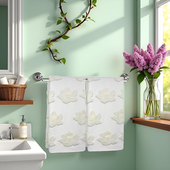 2pcs Magnolia Hand Towels for Bathroom Decorative Towels Set 100% Cotton Beige Jacquard Spring Summer Floral Bath Towels Dish Kitchen Towels Kitchen Bathroom Decor Gift (Magnolia Beige)
