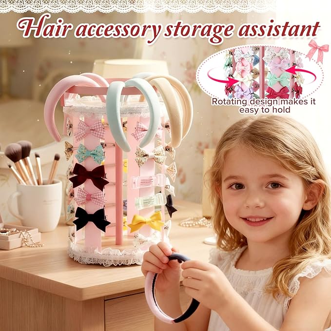 Remerry Pink Hair Bow Holder for Girls Gift Rotating Bow Organizer Stand with Headband Hanger Hair Clips Accessories Display Rack for Baby Nursery Toddler Room Decor