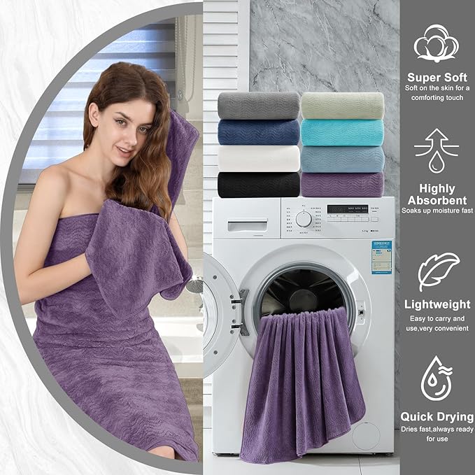 8 Piece Bath Towel Set |2 Oversized Large Bath Sheet,2 Hand Towels,4 Washcloths| Ultra Soft Cozy Bath Towel Set for Bathroom Hotel Gym Spa,Highly Absorbent Quick Dry Bathroom Towel Collections,Purple