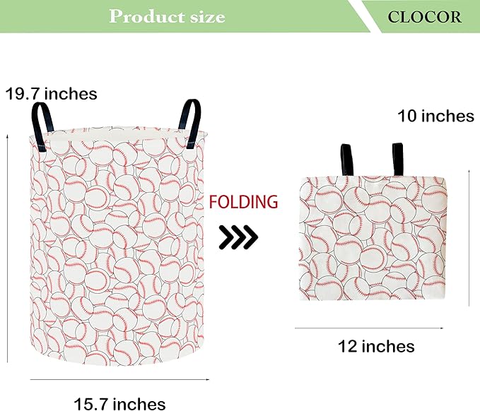 CLOCOR Round Collapsible Flat Storage Basket,Space-Saving Fabric Laundry Hamper for Clothes,Nursery Hamper,Gift Basket(Pile up Baseball)