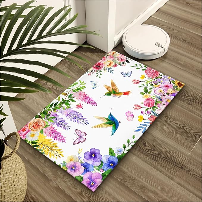 Hummingbird Flowers Bath Rug, Watercolor Spring Floral Butterly Bathroom Mats 32x20 Inch, Birds Plant Non-Slip Absorbent Bathroom Rugs for Bedside Shower Room Bathtub Kitchen Sink