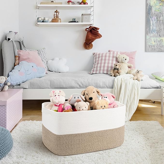 Extra Large Blanket Basket, 22" x 17" x 12" Rectangle Blanket Storage for Living Room, Soft Kids Dog Toy Basket Bin, Cotton Rope Baskets for Storage, Woven Throw Pillow Organizer Holder