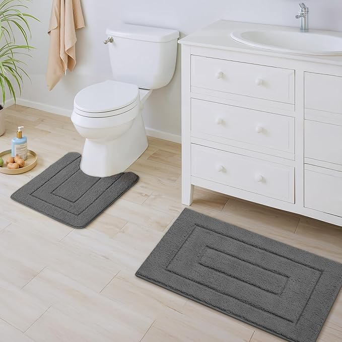 GRANNY SAYS Bathroom Rugs Sets 2 Piece, Soft Absorbent Microfiber Bath Mats for Bathroom Non Slip Washable, U-Shaped Toilet Bath Rugs for Tub Shower (Deep Grey, 20" x 32" + U Shaped 20" x 24")