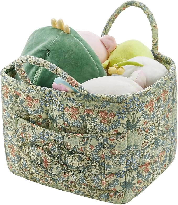 Boho Fabric Storage Basket, Large Capacity Laundry Basket, 12.2'' x 10.23'' x 10.23'' Collapsible Laundry Hamper with Easy Carry Handles (Light Green, L)