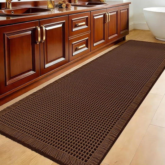 Accumtek Extra Large Waffle Bath Mat, 6'x2' Brown, Super Absorbent Non-Slip Quick Dry Bathroom Rugs with Tassels, Machine Washable Ultra Soft Boho Bath Rugs for Floor, Toilet Mats Boho Farmhouse Decor