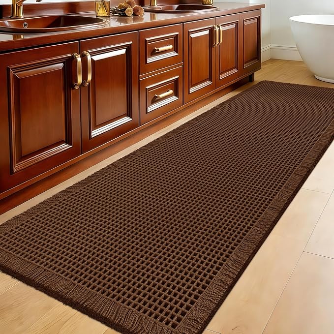 Accumtek Extra Large Waffle Bath Mat, 5'x2' Brown, Super Absorbent Non-Slip Quick Dry Bathroom Rugs with Tassels, Machine Washable Ultra Soft Boho Bath Rugs for Floor, Toilet Mats Boho Farmhouse Decor
