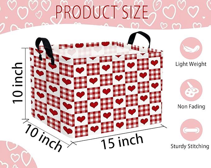 Large Valentine's Day Basket Heart Shaped Storage Bin for Gifts Collapsible Organizer Room Decor (Grid Love)
