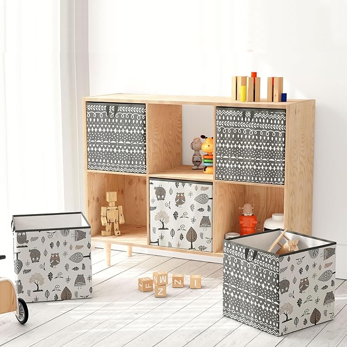 Bacati - Large Storage Tote Owls in the Woods Beige/Grey Neutral 14 X 14 X 10 inches