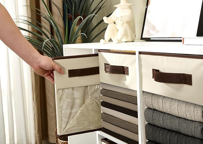DECOMOMO Storage Bins, Cube Storage Bin with Window, Fabric Storage Cubes for Shelves (11" / 6pcs, Beige)