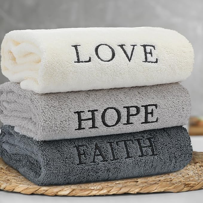 3 Pcs Faith Hope Love Farmhouse Decorative Hand Towels for Bathroom and Kitchen Rustic Embroidered 100% Cotton Hand Towels Decorative Set for Boho Bathroom Decor