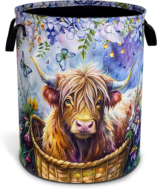 Highland Cow Laundry Basket Highland Cattle Oxford Cloth Laundry Hamper With Handle Foldable Portable Clothes Storage Basket 18.9 X 16.5 Inch Storage Bag For Laundry Room/Bathroom/Bedroom/Dormitories