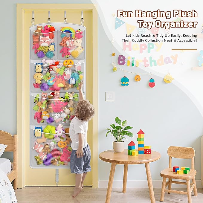 Stuffed Animal Storage Hammock – Over the Door Hanging Toy Organizer & Plush Toy Holder with Metal Hooks & Support Bars, Capacity Mesh Net for Easy Access, Kids Room, Playroom/Nursery, Grey