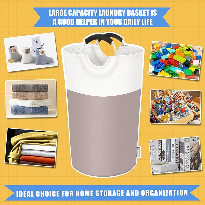 100L Laundry Basket, Collapsible Laundry Hamper with Padded Handles, Waterproof Laundry Bag, Tall Clothes Hamper Stand Up Well, Foldable Laundry Baskets for Easy Storage(Khaki)
