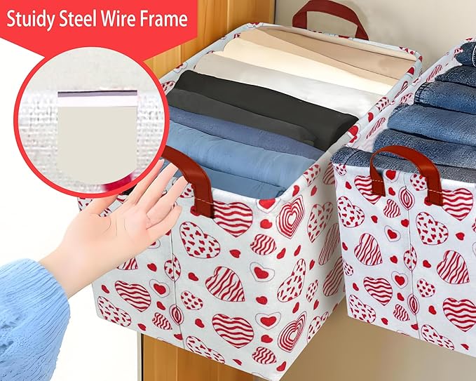 Large Valentine's Day Basket Heart Shaped Storage Bin for Gifts Collapsible Organizer Room Decor (Leopard Print Line Love)