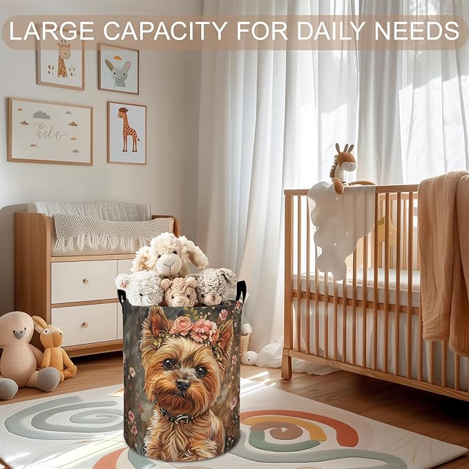Cute Yorkshire Terrier Laundry Basket Hamper 19.7"x15.8", Dog Foldable Waterproof Oxford Clothes Storage Bucket for Room Bathroom Bedroom Nursery Decor, Toy Organizer Bins Gifts for Kids Boys Girls