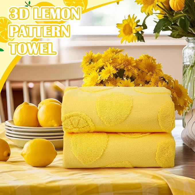 2 Pcs Lemon Hand Towels for Bathroom 100% Cotton Jacquard Weave Bath Towel Set Soft Absorbent Dish Washcloth for Bathroom Kitchen Tropical Theme Gifts 13.8 x 29.5 Inch (Lemon Yellow)