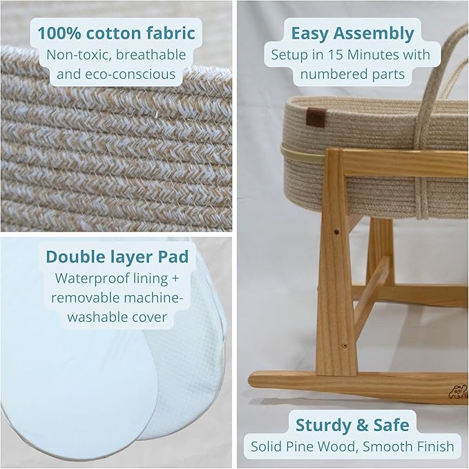 Milo & Nook Baby Changing Basket with Pad & Moses Basket Stand – Soft Cotton Nursery Basket, Waterproof Pad & Removable Washable Cover, Complete Changing Station for Newborn