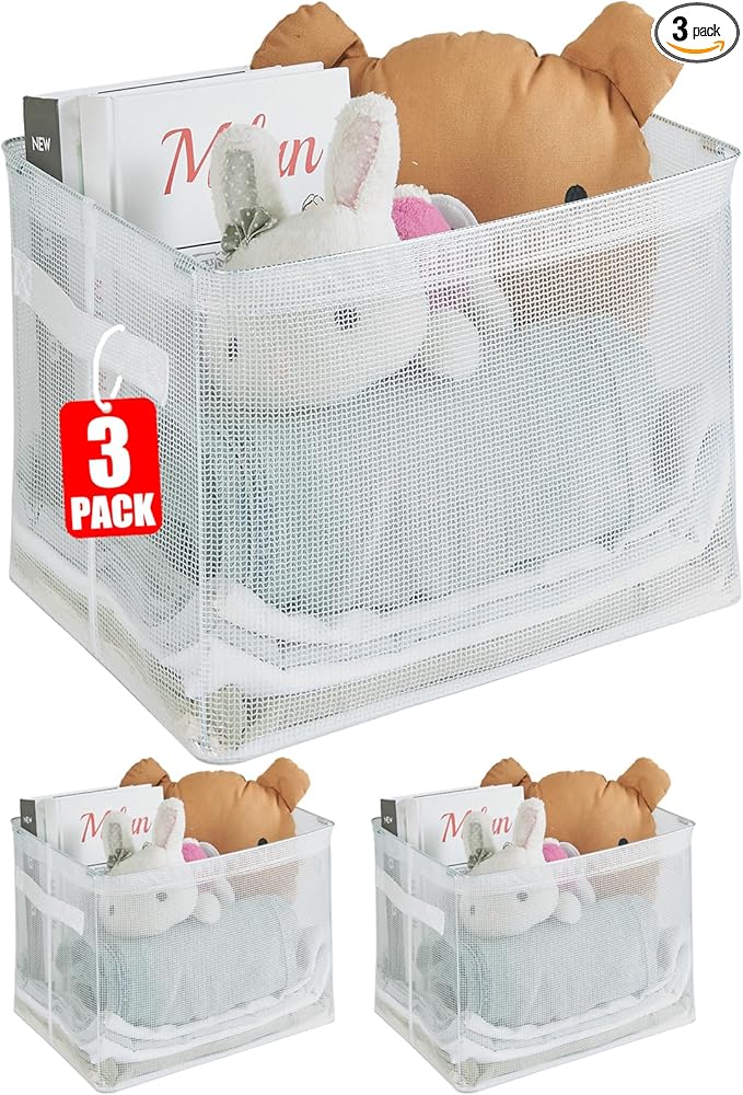 Clear Large Storage Baskets for Shelves, Collapsible Storage Bins with Handles for Clothes, Sheets, Books | Shelf Baskets for Home and Closet Organizer (Clear, 3 Pack)