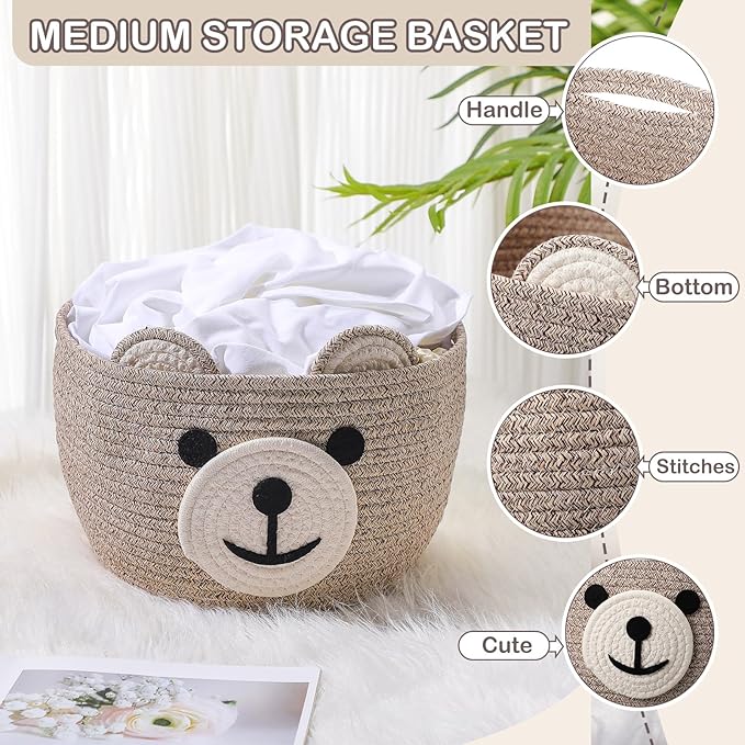Zopeal Bear Basket 13" D x 9.5" H for Nursery Cotton Rope Woven Cute Storage Basket with Handles Animal Hamper for Baby Shower Laundry Bathroom Home Decorative
