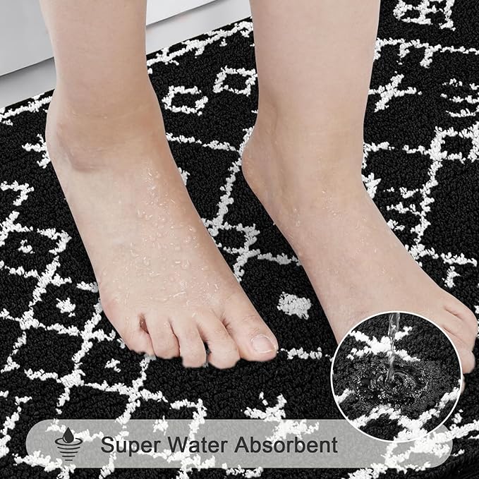 HEBE Bathroom Rugs Sets 5 Piece, Soft Absorbent Microfiber Bath Mat for Bathroom, Non Slip Washable Bath Rug Set with Toilet Cover, Bath Runner and U-Shaped Contour Toilet Rug, Black