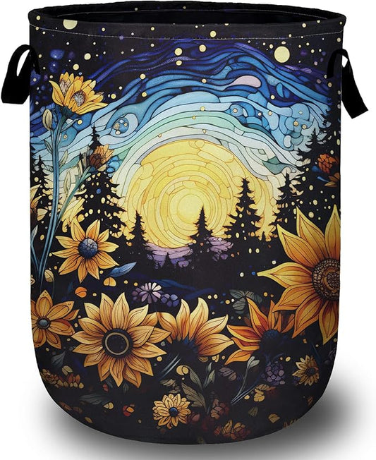 Starry Sky Sunflower Laundry Basket, Moon Flower Laundry Hamper Collapsible Oxford Cloth with Handle Clothes Toy Storage Bin for Bathroom Laundry Room Bedroom 15.7 X 20 Inch