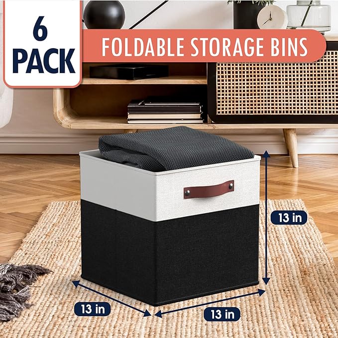 Ornavo Home 13 x 13 Storage Cube Bins, Foldable Collapsible Fabric Storage Bins Box Linen Shelf Basket Cube Organizer for Closet with Leather Handles, 6 Pack, White/Black