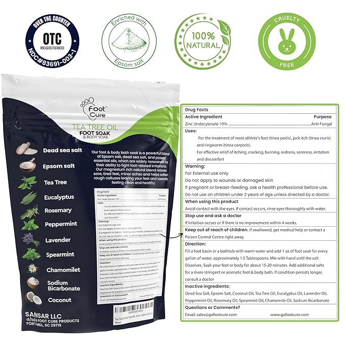 FOOT CURE Tea Tree Oil & Muscle Foot Soak with Epsom Salts - All-Natural Salts for Post-Workout Recovery - Softens Calluses, Soothes Sore & Tired Feet, Foot Odor Control, Spa Pedicure (Pack of 2)