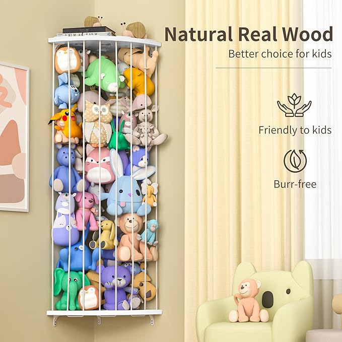 Stuffed Animal Storage Wood Corner Plush Toys Holder with Star Pattern, Length Adjustable Large Hanging Stuffed Animal Toy Organizer Shelf for Nursery Play Room Bedroom Kids Room Furniture
