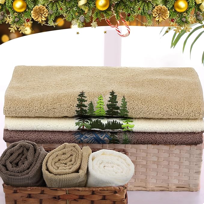 3 Pcs Mountain Hand Towels Farmhouse Decorative Bathroom Towels Set 13.3 x 29.5'' Rustic Pine Trees Country Cabin Lake House Forest Embroidered 100% Cotton for Home Bathroom Kitchen Decor