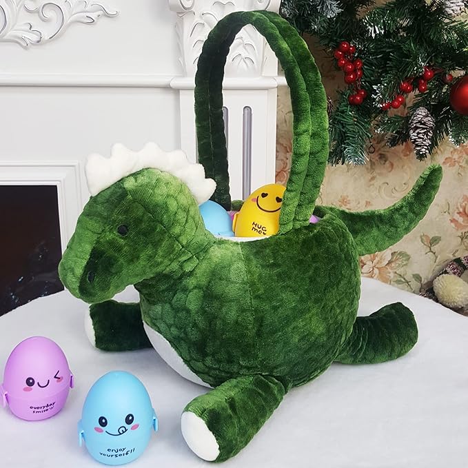 DearSun Exquisite Embroidery ! Personalized Easter Egg Hunting Basket 3D Plush Dinosaur Basket Candy Gift Bucket with Embroidery Name (Green Plush Dinosaur Basket)