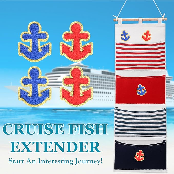 Fish Extender Cruise Gift Hanging Organizer with 4 Pockets and Iron on Anchor Patch Cabin Door Storage Bag 2026 Fe for Cruise Essentials Exchange Gift Pixie Dusting(Red, Blue)