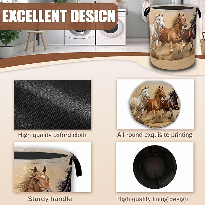 Horses Gallop Laundry Baskets,Laundry Hamper,Storage Basket with Handles for Bathroom Bedroom College Dormitory Living Room Nursery Organizer 16"x20.8"