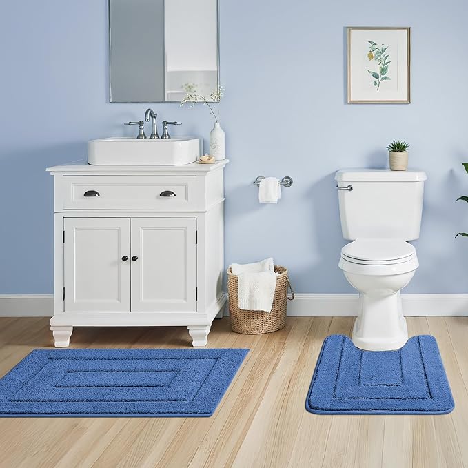 GRANNY SAYS Bathroom Rugs Sets 3 Piece, Soft Absorbent Microfiber Bath Mats for Bathroom Non Slip Washable, U-Shaped Toilet Bath Rugs for Tub Shower (Blue, 16" x 24" + 20" x 32" + U Shaped 20" x 24")
