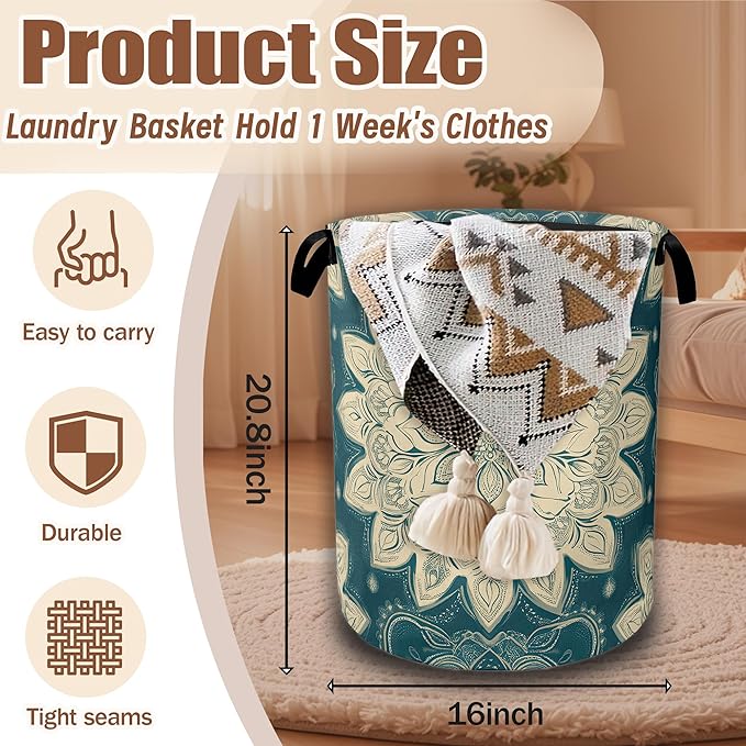 Vintage Mandala Ethnic Laundry Hamper,Laundry Baskets,Waterproof Oxford Cloth Toy Storage for Bedroom,Bathroom,Nursery,16x20.8 Inch