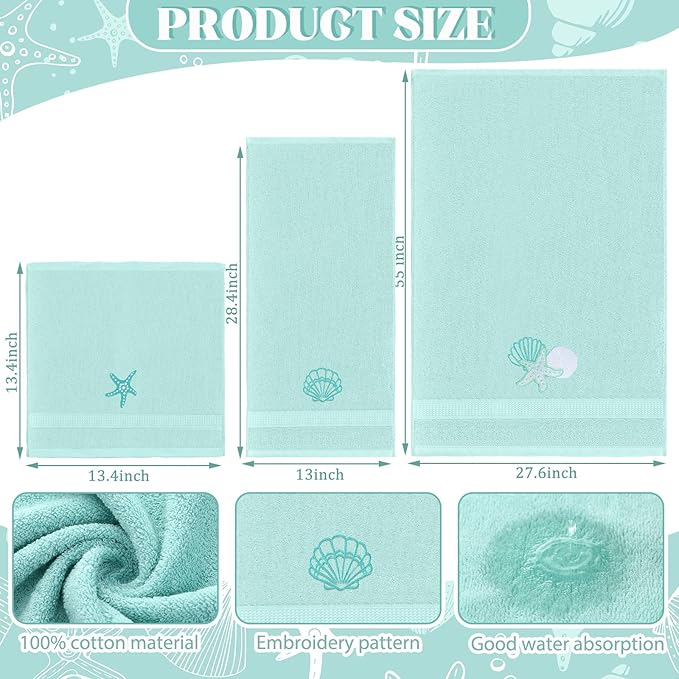 3 Pcs Coastal Seashell Bathroom Towel Set Farmhouse Embroidered Coastal Seashell Towels Vintage Decorative 100% Cotton Bath Towel Highly Absorbent Summer Decor Set for Bathroom
