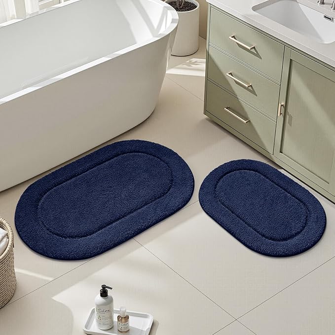 HOMEIDEAS Bathroom Rugs Sets 2 Piece, Soft Bathroom Mats and Absorbent Microfiber Machine Washable Bath Mats for Shower Room, Bathtub, Kitchen (20" x 32" + 16" x 24", Navy Blue)