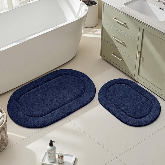 HOMEIDEAS Bathroom Rugs Sets 2 Piece, Soft Bathroom Mats and Absorbent Microfiber Machine Washable Bath Mats for Shower Room, Bathtub, Kitchen (20" x 32" + 16" x 24", Navy Blue)