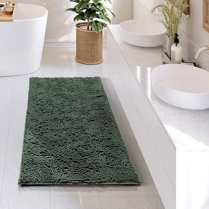 Hearth & Harbor Bathroom Rugs, Chenille Bath Mat - Machine Washable Bath Mats for Bathroom Non-Slip Backing Rubber, Quick Dry Bathroom Mat - Hunter Green 24x36
