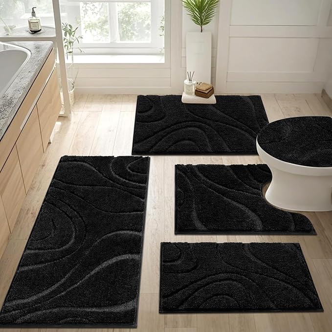 HEBE Bathroom Rugs Sets 5 Piece, Soft Absorbent Microfiber Bath Mat for Bathroom, Non Slip Washable Bath Rug Set with Toilet Cover, Bath Runner and U-Shaped Contour Toilet Rug, Black