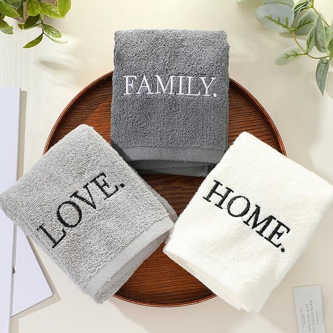 3 Pcs Farmhouse Decorative Hand Towels for Bathroom and Kitchen Rustic Embroidered 100% Cotton Hand Towels Decorative Set for Boho Bathroom Decor (Gray,Home Love Family)