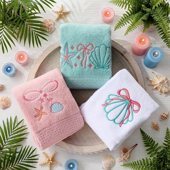 3 Pack Seashell Bow Coastal Hand Towels for Bathroom 100% Cotton Embroidered Beach Bathroom Towels 13.78 x 29.53 Inch Soft Absorbent, Green Pink White