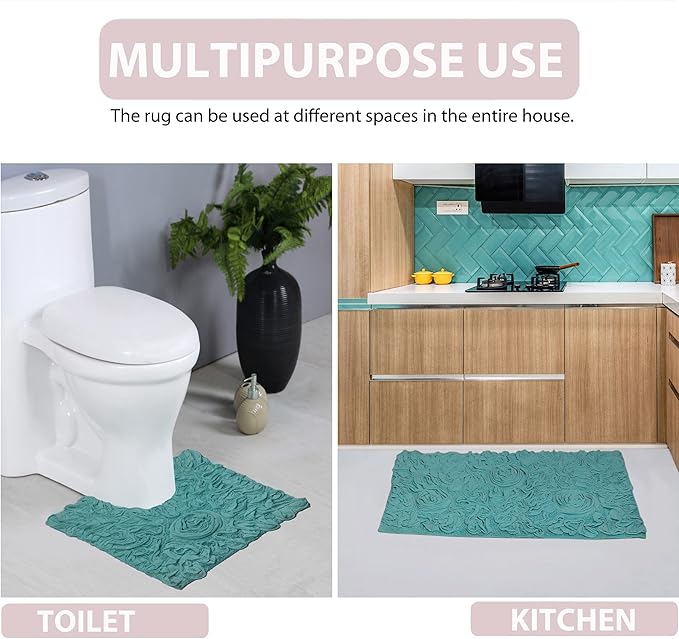 Home Weavers Bell Flower Collection 100% Cotton Tufted Bath Rugs, Extra Soft and Absorbent Bath Rugs, Non-Slip Bath Mats, Machine Washable, Bathroom Bath Mats for Floor, 24"x40" Rectangle, Turquoise