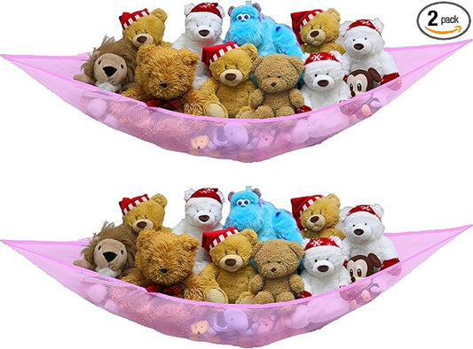 Simple Houseware 2 Pack Stuffed Animal Toy Hammock Net, Corner Wall Storage for Kids Room, Pink