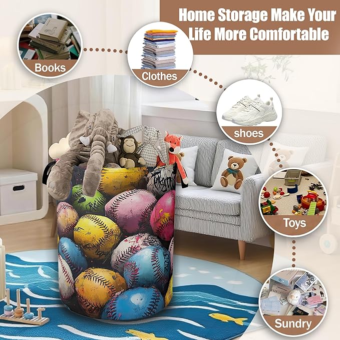 Colorful Baseball Laundry Hamper,Laundry Baskets,Waterproof Oxford Cloth Toy Storage for Bedroom,Bathroom,Nursery,16x20.8 Inch