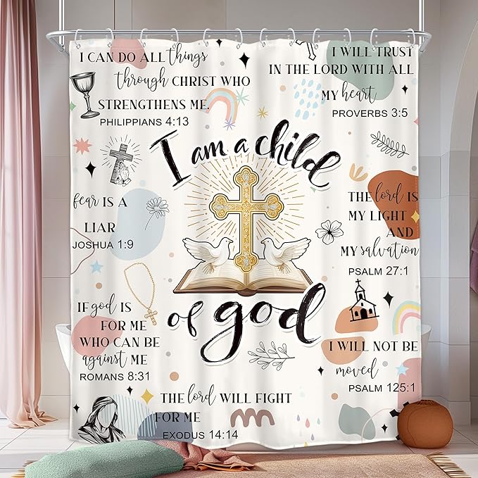 Homewelle Christian Bible Verse Shower Curtain Kids Boho Mid Century Inspirational Quotes Cross Abstract Motivational Positive Scripture 60Wx72H Inch Waterproof Polyester Fabric Bathroom Bathtub