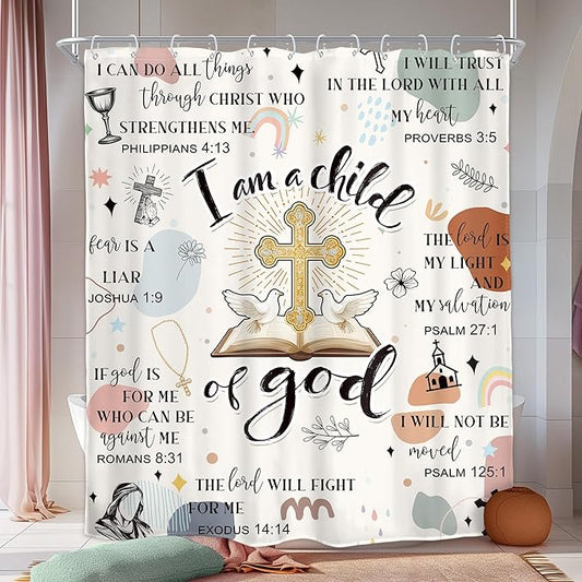 Homewelle Christian Bible Verse Shower Curtain Kids Boho Mid Century Inspirational Quotes Cross Abstract Motivational Positive Scripture 60Wx72H Inch Waterproof Polyester Fabric Bathroom Bathtub